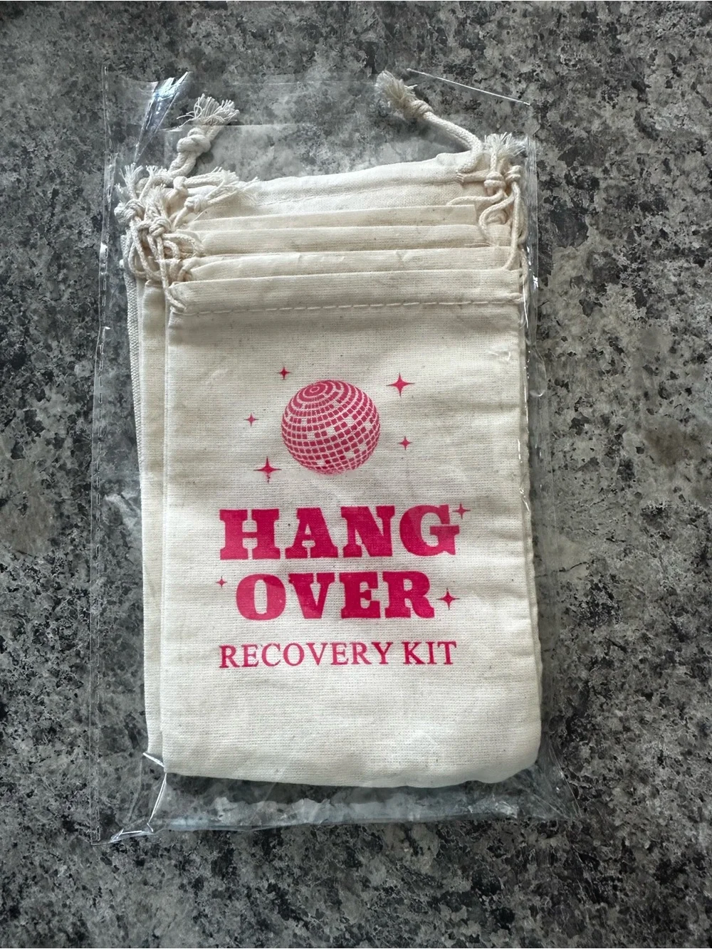 Hang Over Recovery Kit Drawstring Pouch - Cream with Pink Print